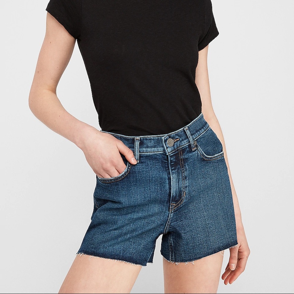 EXPRESS High Waisted Dark Wash Raw Hem Jean Shorts